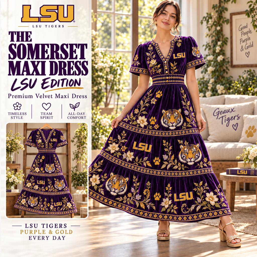 LSU Premium Embroidered Velvet Maxi Dress PTKL