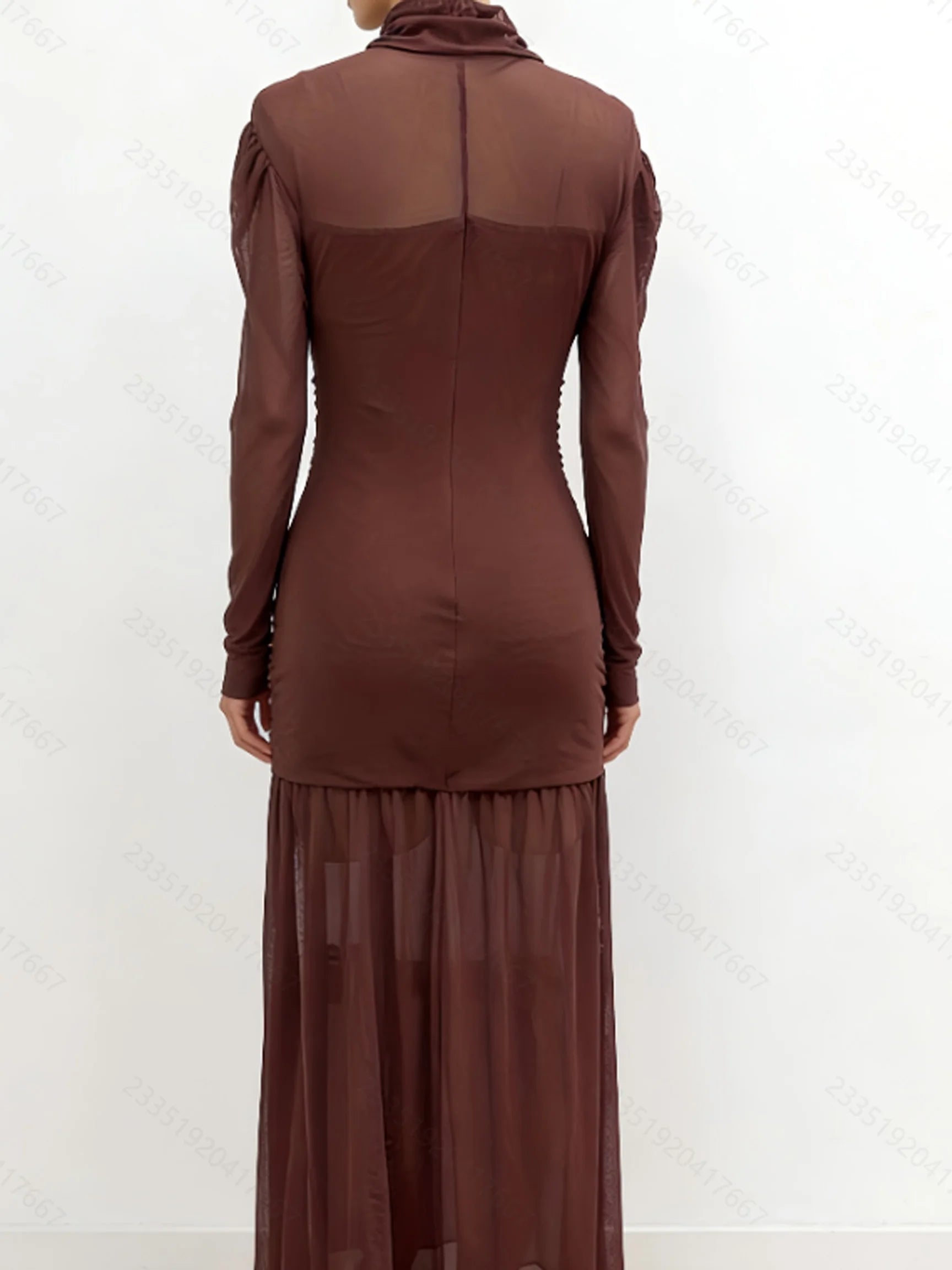 Elegant Sheer Long Sleeve High Neck Ruched Bodycon Dress For Women, Fashion Slim Party Banquet Art Exhibition Outfit