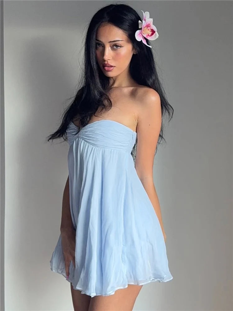 Kliou Sexy Strapless Mini Dress Woman Summer Trend Wrap Chest Backless Sleeveless Sweet Girls Birthday Party Y2K Elegant Bodycon